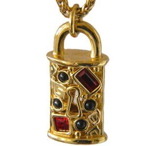 Givenchy Gold Faux Jewel Tone Keyhole Lock Cabochon Pendant Necklace